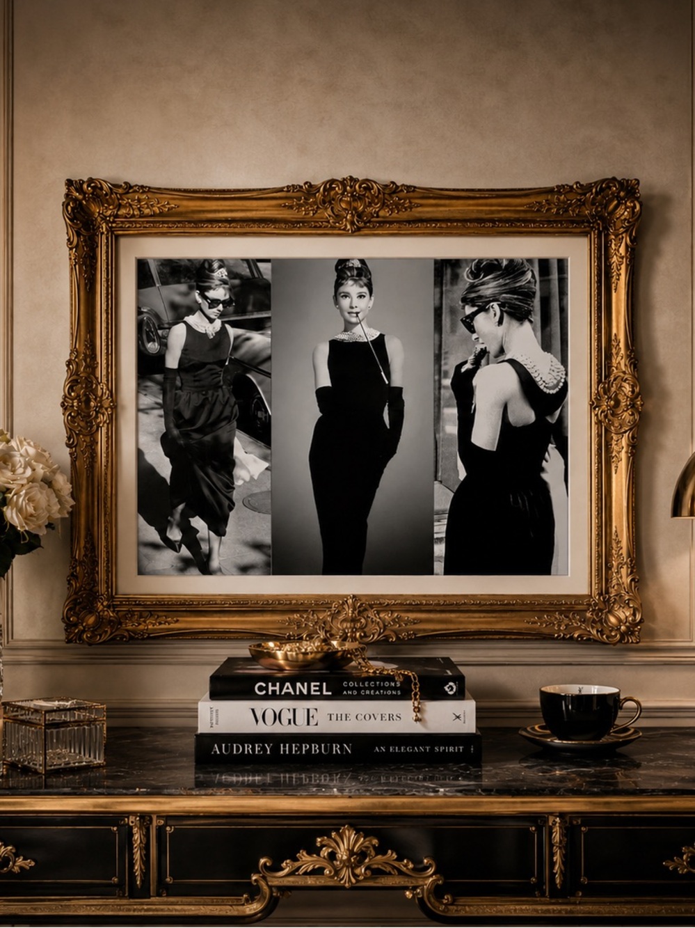 TRIPLE THREAT AUDREY Print | Iconic Black White Glam Wall Art B&W Hepburn Decor